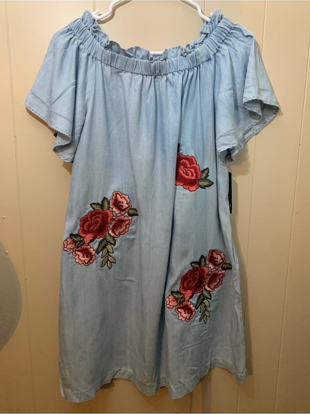 a.n.a Light Blue Off-Shoulder Dress with Red Rose Embroidery